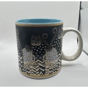 2014 LAUREL BURCH SPOTTED STRIPED BLACK WHITE CATS COFFEE CUP MUG BLUE INSIDE